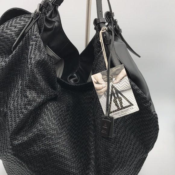 Gianni Segatta Ricamo Large Black Leather Hobo Weekender Tote Made in Italy - Picture 9 of 10